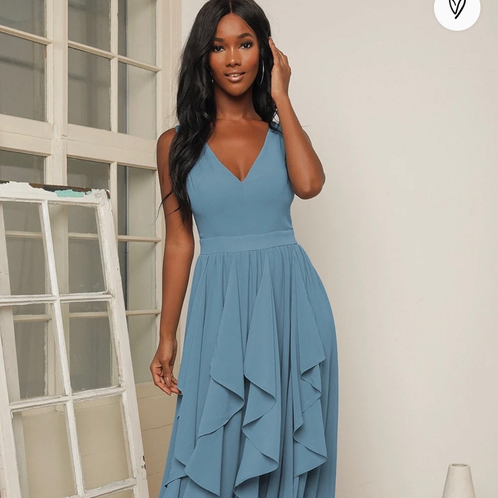 Lulu’s Slate Blue Sleeveless Ruffled Maxi Dress